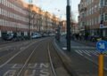 Urban street and tram tracks illustrating transport planning