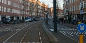 Urban street and tram tracks illustrating transport planning
